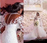 african lace mermaid wedding dresses crystals beaded appliques long sleeve formal bridal gowns buttons sheer back long train