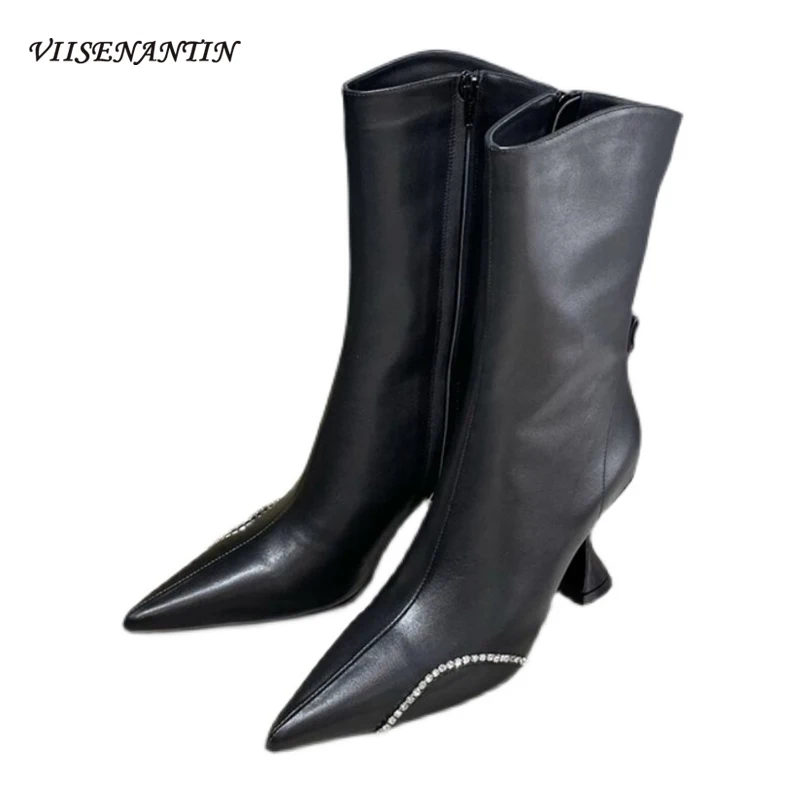 

2021 новые высококачественные дизайнерские Стразы с острым носком на высоком каблуке средней длины модные короткие сапоги из коровьей кожи н...