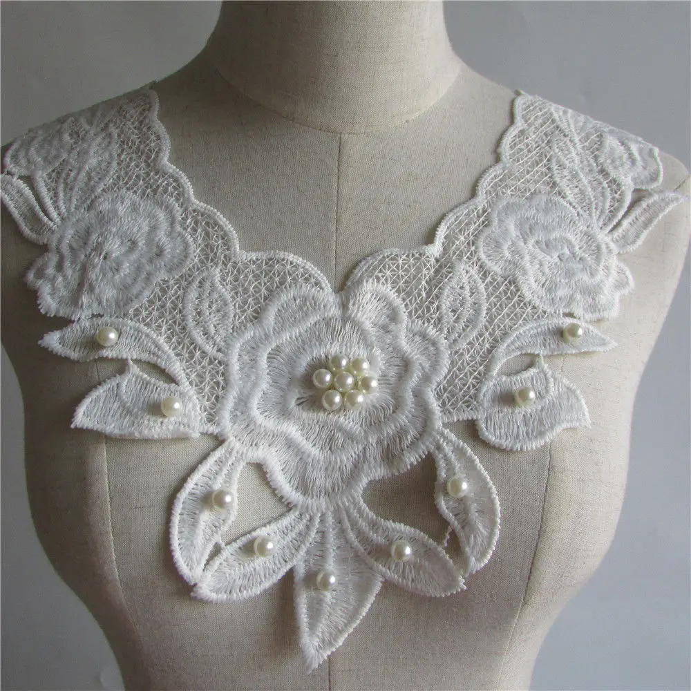 

White Lace Beaded Flower Embroidery Patch Neckline Lace Applique Trim Collar for Wedding Evening Dress Sewing Diy Scrapbooking