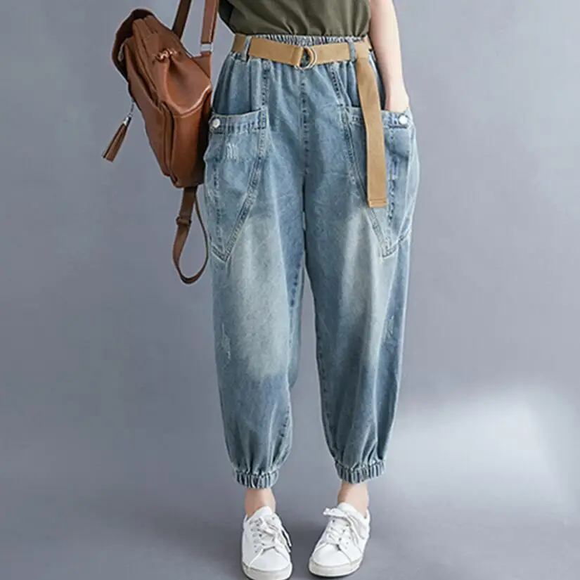 Джинсы-карго женские с завышенной талией свободные синие Стрейчевые джинсы