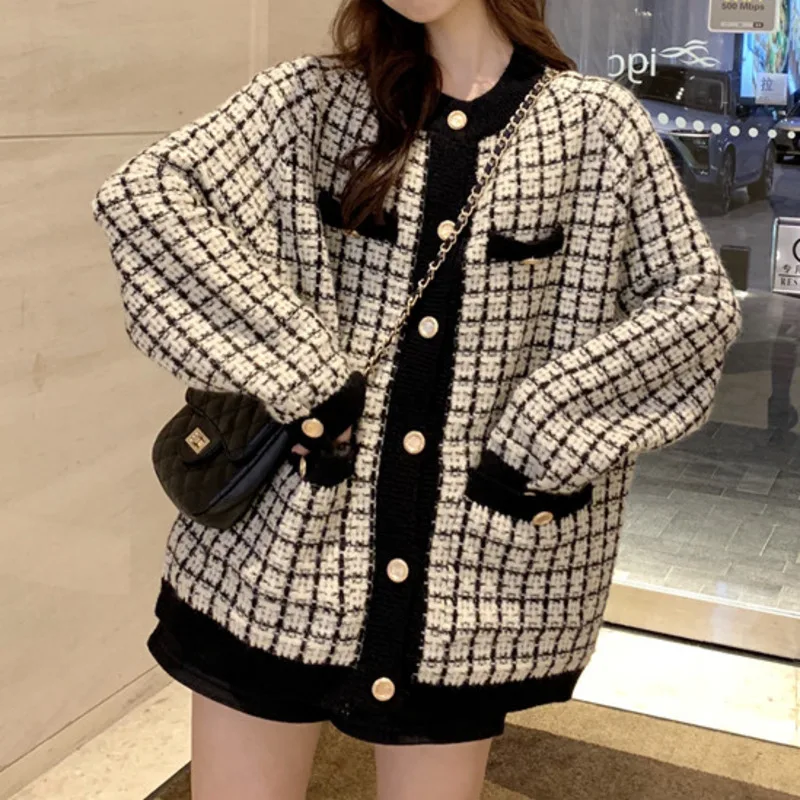 

Plaid Sweater Coat Women's Early Autumn New Design Sense, Minority Lazy and Loose, Wearing Knitted Cardigan Coat Outside