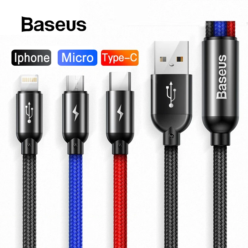 Baseus 3 в 1 USB кабель для iPhone type C Micro USB Автомобильное зарядное устройство для samsung S9 huawei зарядный кабель 3.5A провод для быстрой зарядки