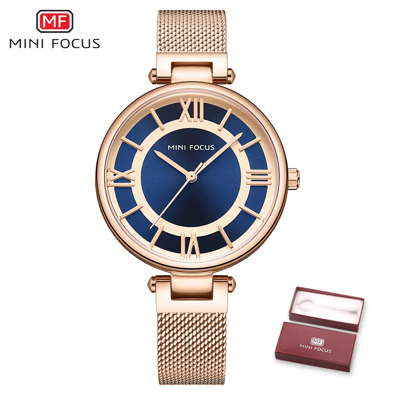 BOX RG BLUE MINIFOCUS Роскошные брендовые Золотые женские часы водонепроницаемые ультратонкие кварцевые часы с сетчатым ремешком простой дизайн, классические женские часы под платье - Цвет: BOX RG BLUE