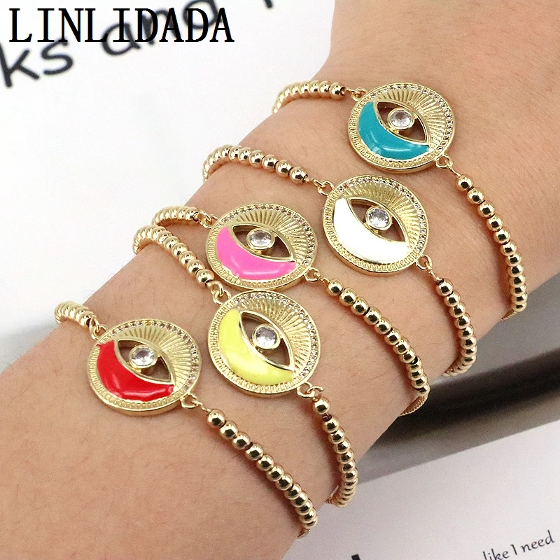 

8Pcs Cute Eye Enamel Bracelets for Women Jewelry Luxury Boho Gold-color Copper Bead Chain Bracelet