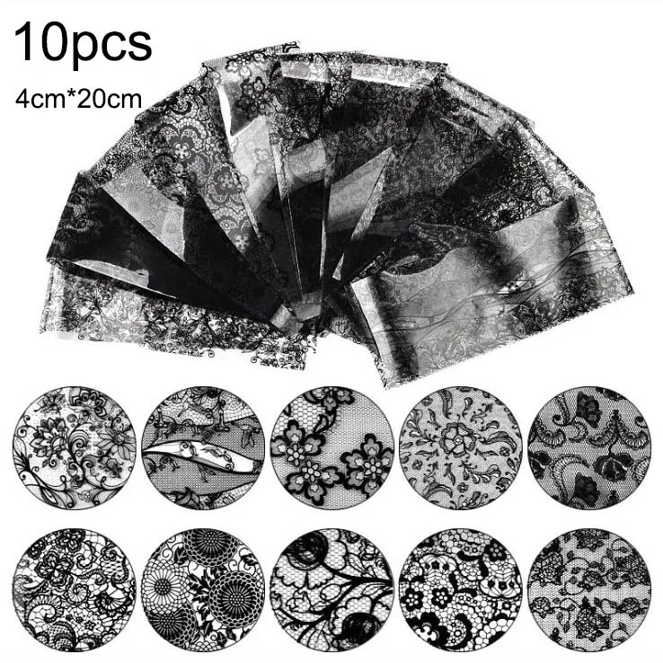 10pcs balck lace Цветочная Фольга для ногтей, не липкий декор для ногтей, красочный лазер, Рождественский цветок, Золотая Серебряная фольга для ногтей - Цвет: 10pcs balck lace