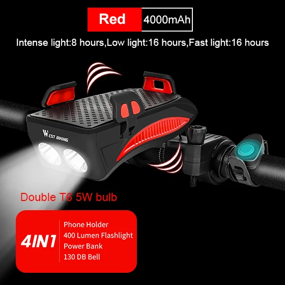 4000 mAh Red WEST BIKING 4 в 1 велосипедный светильник вспышки светильник велосипед Рог сигнализации колокол держатель телефона Мощность банка для велосипеда, аксессуары для езды на велосипеде, спереди светильник - Цвет: 4000 mAh Red