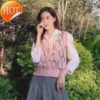 autumn and winter new diamond studded heavy industry sequin v neck vest pullover sweater pink temperament sweater