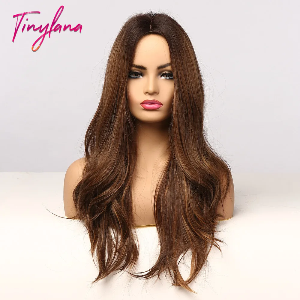 

TINY LANA Synthetic Ombre Black Brown with Golden Highlights Wigs Long Wavy Heat Resistant Middle Part Cosplay Wigs for Women