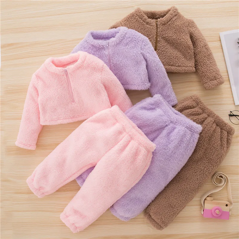 

Baby Girls Fashion Casual Plush 2PCS Solid Color Long Sleeve Zipper Tops and Elastic Waist Pants Warm Winter Autumn Clothes Set