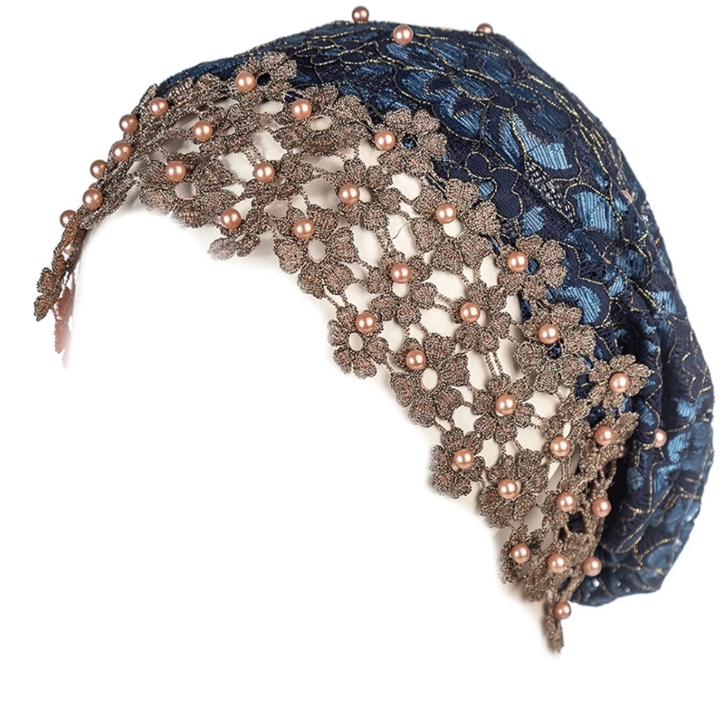

Women Muslim Mesh Stretch Hijab Turban Cap Embroidery Floral Lace Beanie Headwrap Faux Pearl Beaded Bonnet Chemo Hat