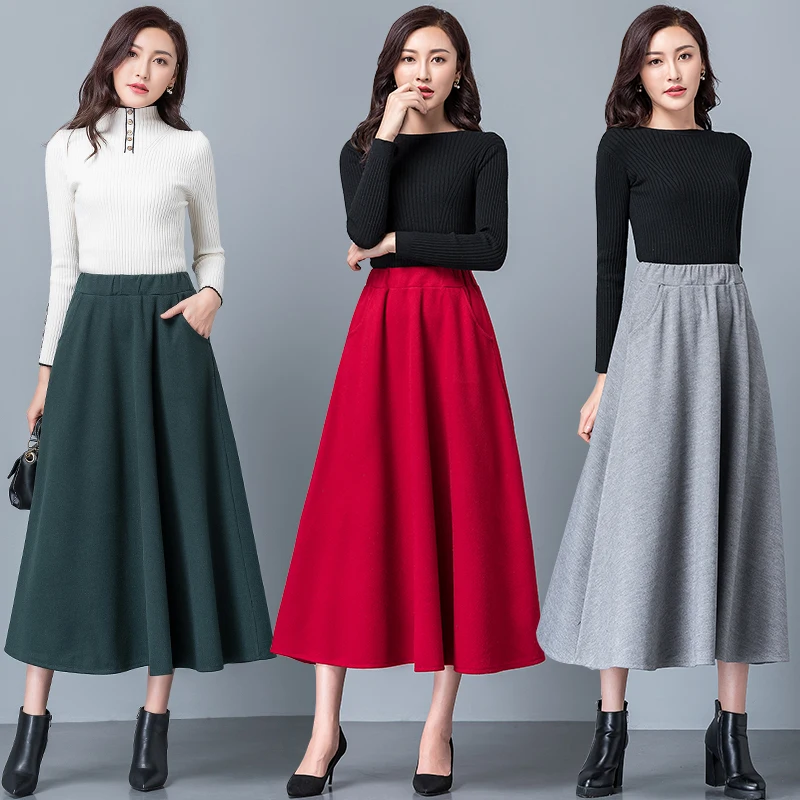 Новинка эластичная талия карман шерстяная размера плюс женская юбка толстая