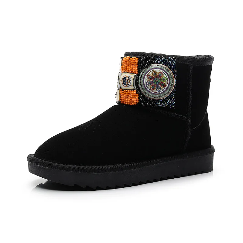 2020 Warm Women Snow Boots Fashion Beaded Ankle Woman Genuine Leather 100% Natural Wool Winter | Обувь