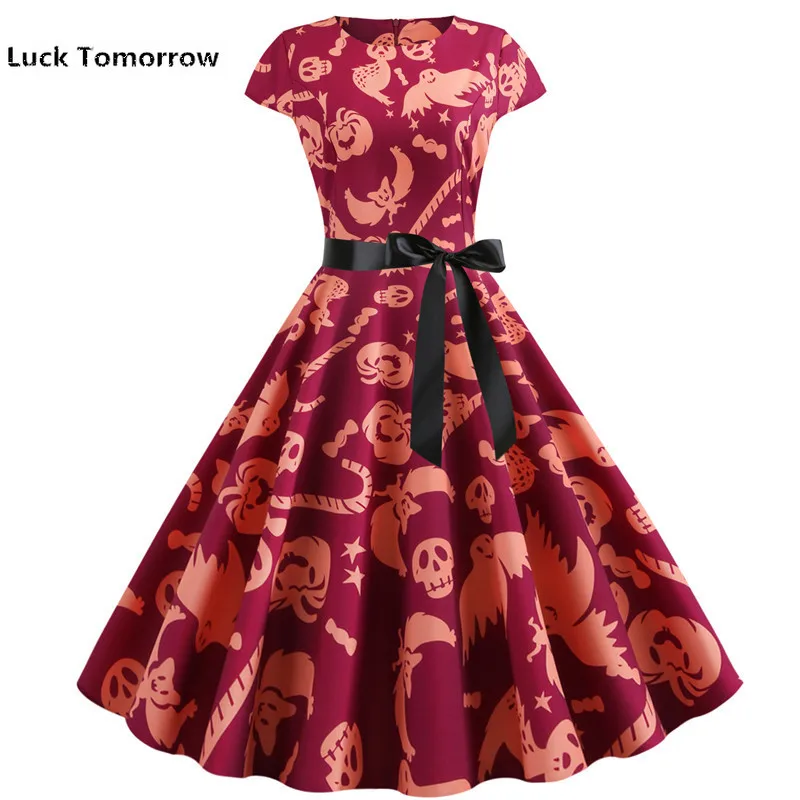 Женское винтажное платье с коротким рукавом красное средней длины принтом