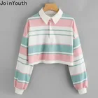 Joinyouth 2020 Модный женский укороченный Топ с длинным рукавом контрастная цветная полосатая рубашка повседневные корейские футболки женские Roupas футболки 7a1049