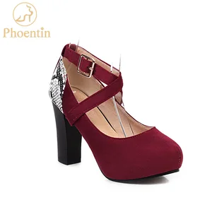 Phoentin cross tied women's heels wine red female shoes snake printed patckwork platform buckle shoes black plus size FT876