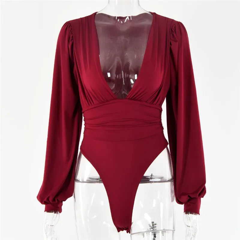 Articat Black Deep V Neck Bodysuit Women Sexy Puff Sleeve Bodycon Jumpsuit Solid Elastic Casual Party Winter Bodysuits Body Tops
