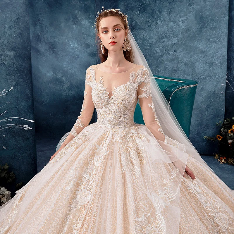 

SSYFashion New Luxury Champagne Wedding Dress High-end Long Sleeve Lace Appliques Beading Long Train Ball Gown Vestido De Noiva