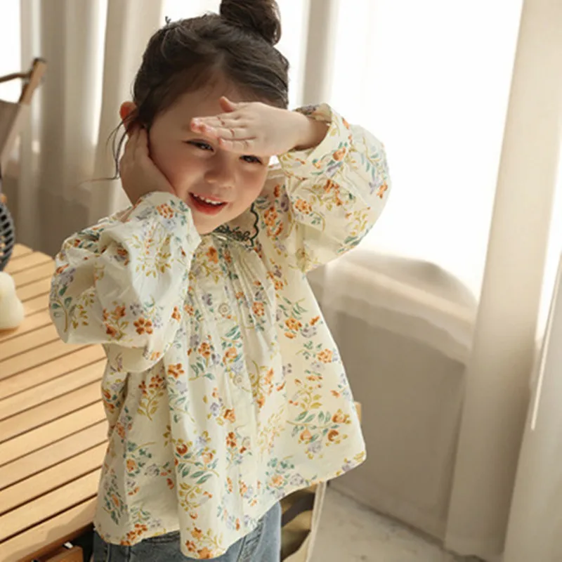 

Girls shirt cotton children's flower shirt spring and autumn 2021 new style foreign embroidered long-sleeved retro fashion