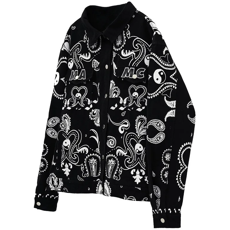 

Tai Chi Print Hip Hop Streetwear Denim Couple Wear Autumn Winter Loose Jackets Coats Men Punk Outerwear Cardigan Black Overcoat