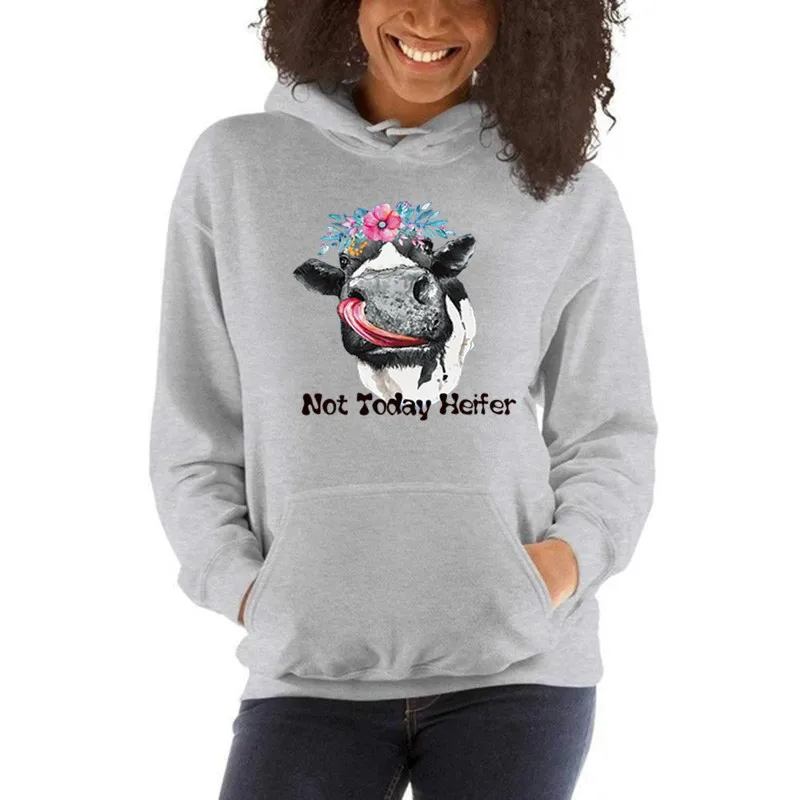 

Cow Flower Interesting Pattern Printed Long Sleeve Hooded Woman Letter Printing Sweatshirt Women Kawaii Hoodie