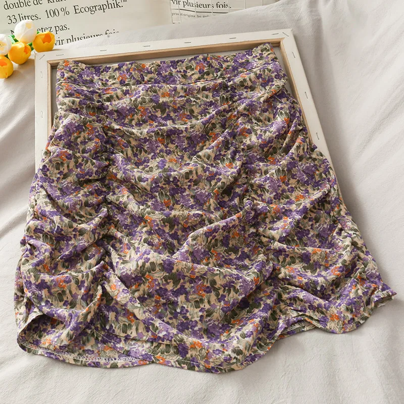 

2020 Summer French Retro fold slim bag hip skirt female new high waist floral Skirts For Women g320