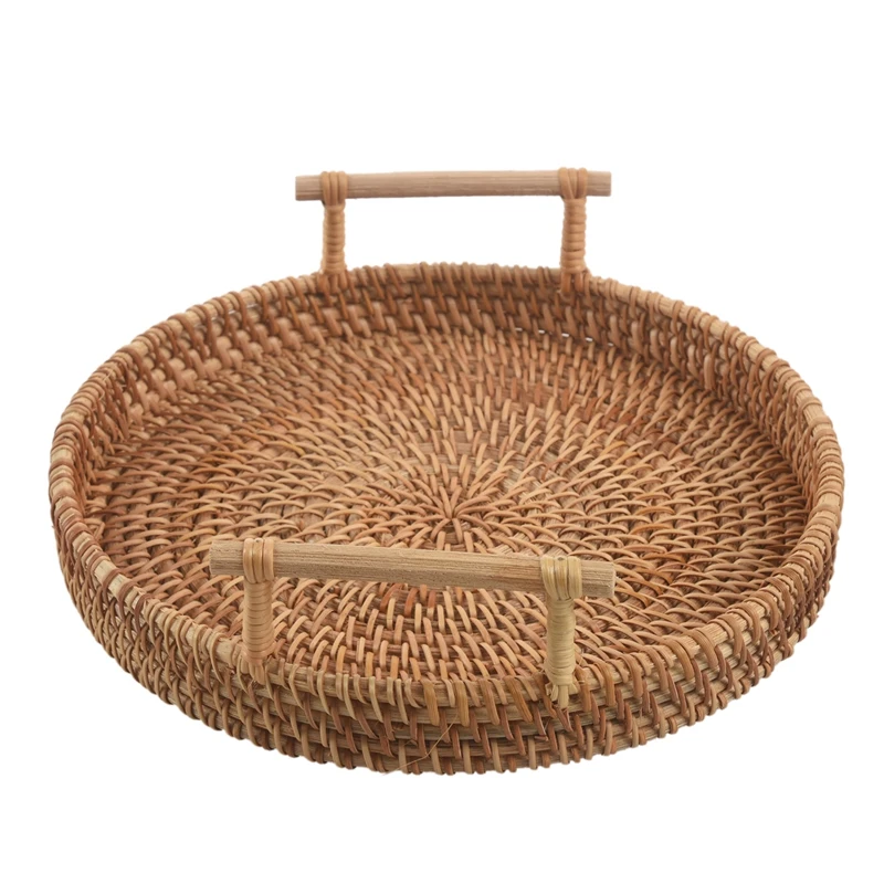 

Rattan Bread Basket Round Woven Tea Tray With Handles For Serving Dinner Parties Coffee Breakfast (8.7 Inches)