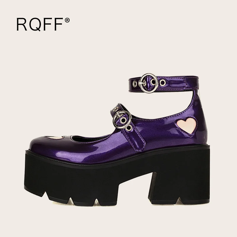 

Women Platform Shoes Plus Size 43 Goth Lolita Cute Cosplay Square High Heels Patent Leather Buckle Strap Purple Black Pumps 2021
