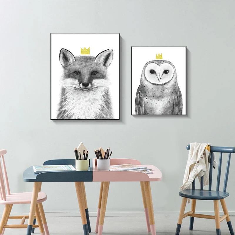 Детский постер на холсте с животными медведь лиса Сова корона художественные