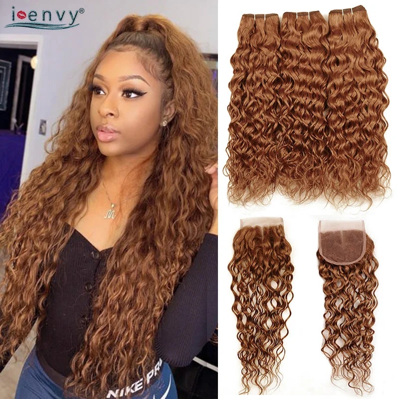Ginger Blonde Water Wave Bundles With Closure Brazilian Hair Weave Bundle With Closure Colored Human Hair Blonde Bundle Non-remy