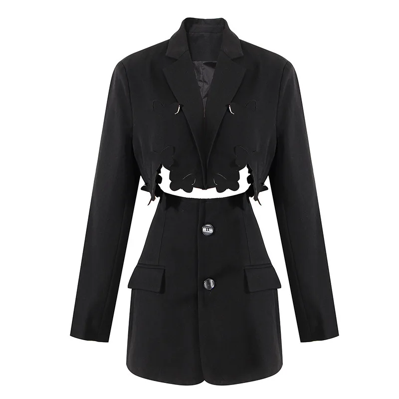 

SeeBeautiful Two Pieces Spliced Notched Long Sleeve Blazer Coat Button Half-body Skirt Women Spring 2022 New Fashion G649