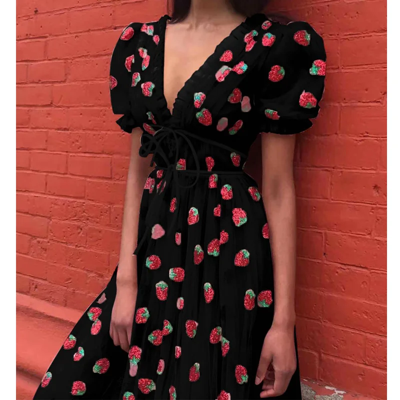 

Up Strawberries Plus Size Black Dresses 2021 Women Party Strawberry Dress Woman Puff Sleeve Mesh Long Dress Lace
