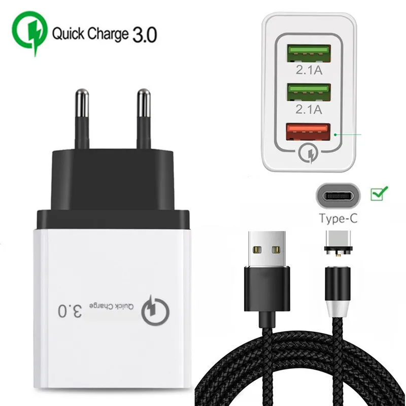 EU charger and cable QC 3,0 быстрое зарядное устройство Тип C Магнитный зарядный usb-кабель для samsung Galaxy Feel 2 A40 S8 Honor 20 9 huawei P30 Pro P20 lite - Тип штекера: EU charger and cable