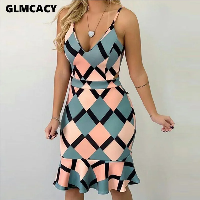 Women Spaghetti Strap Geo Print Ruffle Hem Bodycon V-neck Dress Casual Trumpet / Mermaid Sleeveless Above Knee Mini Dress