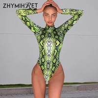 zhymihre sexy neon green snake print bodysuit women jumpsuit long sleeve o neck female body combinaison femme serpentine overall