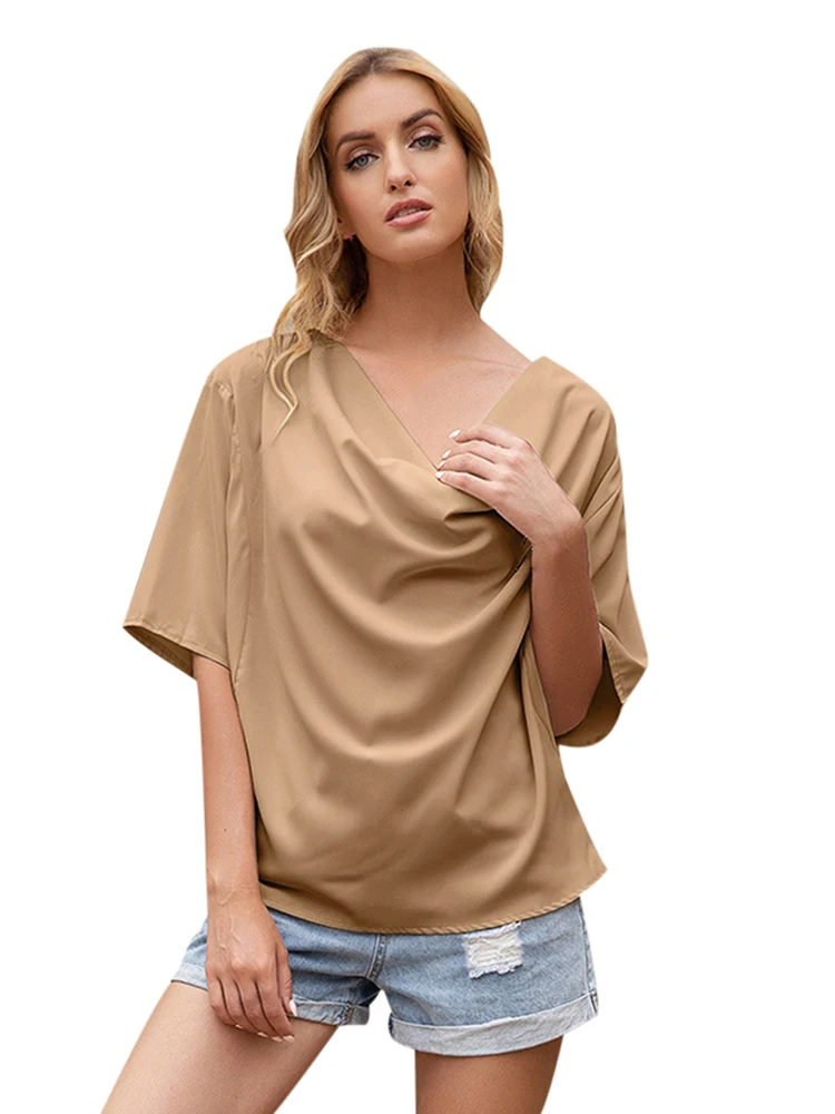 

Summer New Style European And American Women's Irregular Folds Drape Solid Color V-neck Short-sleeved Loose Fashion Top