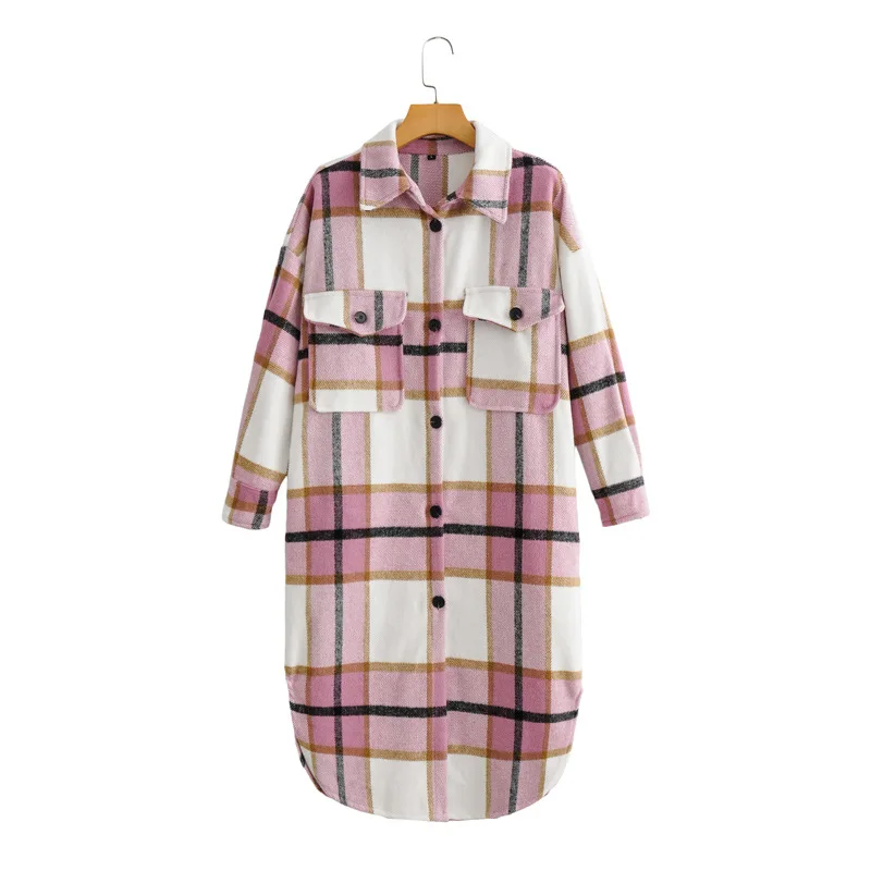 

High Quality Spring Autumn Women's Casual Plaid Pocket Loose Long Woolen Coat