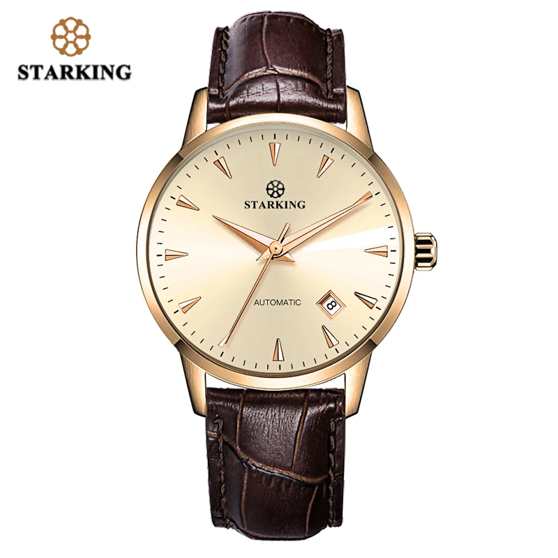 Leather Gold Механические Мужские часы STARKING Miyota Movt, наручные часы из нержавеющей стали с сапфиром, автоматические мужские часы, водонепроницаемые - Цвет: Leather Gold
