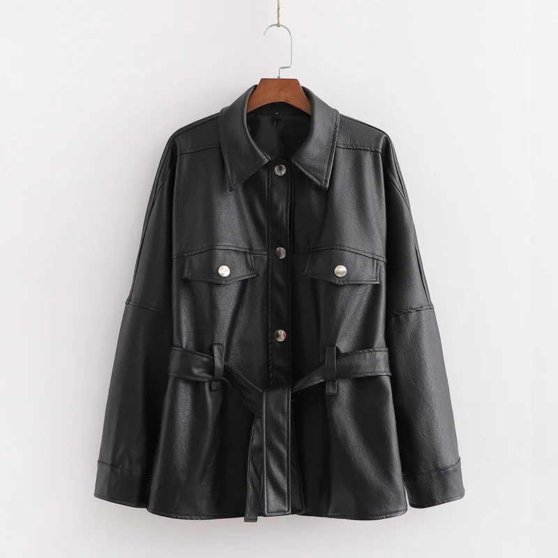 Женская байкерская куртка из искусственной кожи Повседневная однотонная Черная