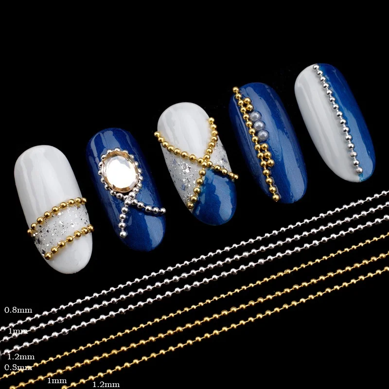 

1m 0.8-1.2mm 3D Metal Chain Nail Art Decorations Gold/Silver Alloy Crystal Beads Nail Chains DIY UV Gel Design Manicure Jewelry