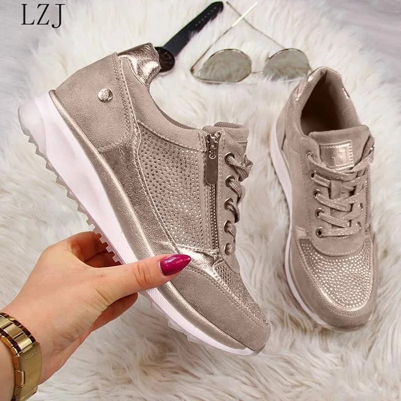 Sneakers for Woman Ladies Elastic Thicken Heel Running Shoes Zipper Leather Platform Trainers Tenis Feminino Zapatos De Mujer