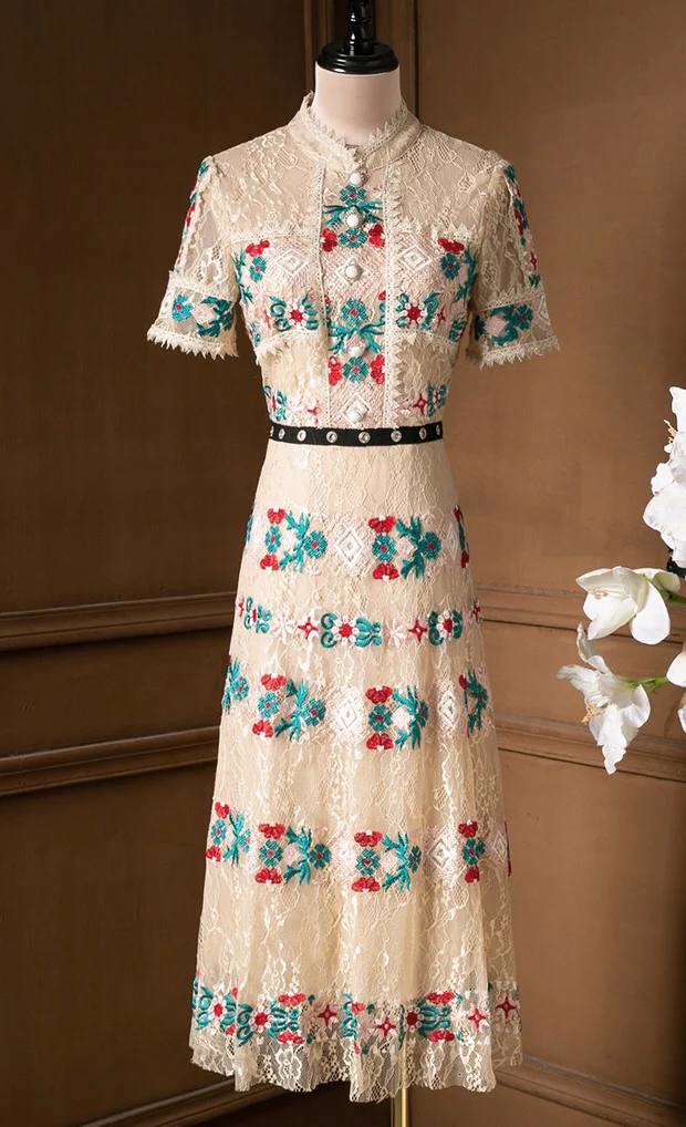 

CHICLADY runway designer embroideried short sleeve summer elegant midi A-line hig waist dresses party casual slim French dress