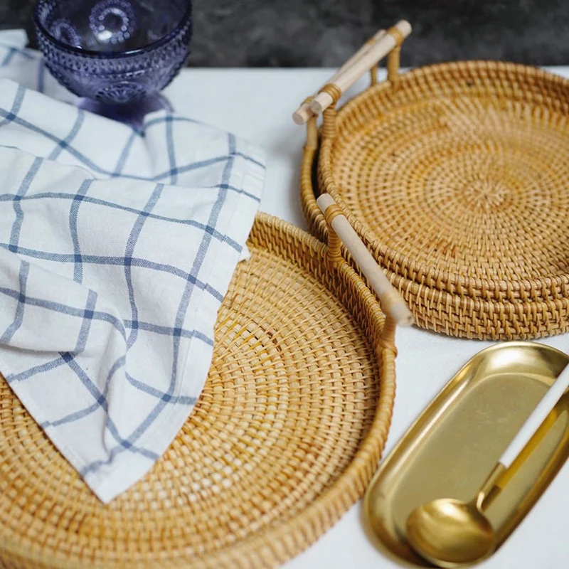 Hand-woven Rattan Round Storage Basket Tray With Wooden Handle Wicker Bread Fruit Cake Food Plate Decorative Serving | Дом и сад