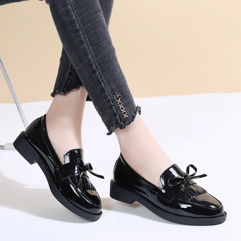 Spring Autumn Women Oxford Shoes Pointed Toe Office Work Patent Leather Dress Low Heels Brogue Black N7826 | Обувь
