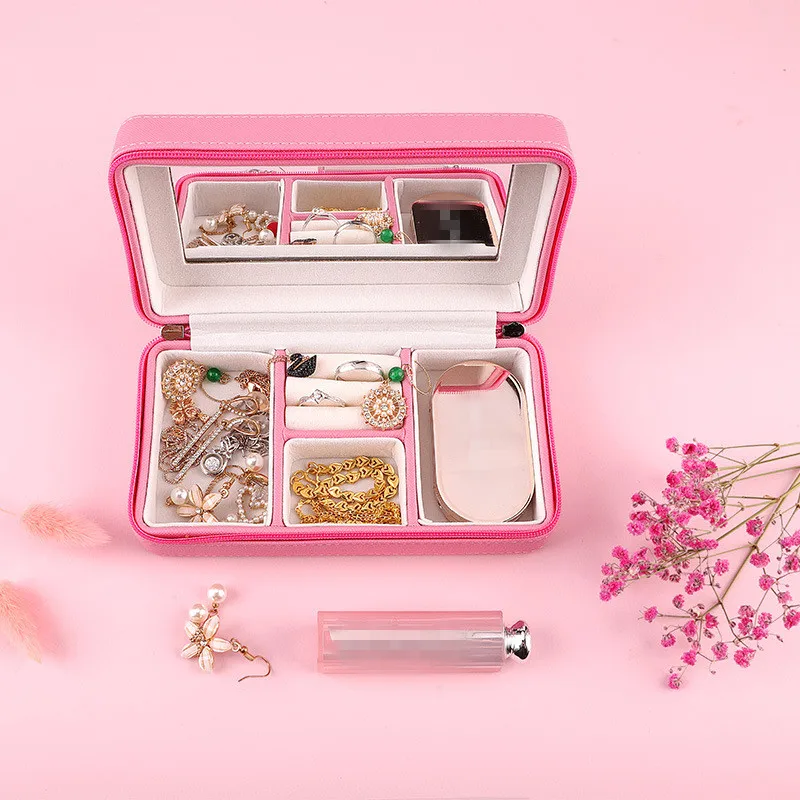 

New Style Pink PU Leather Jewelry Box Portable European-Style Ear Stud Ring Jewelry Box