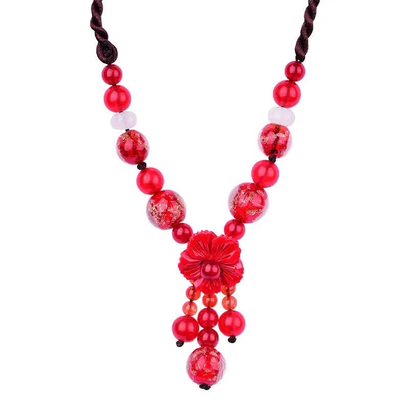 Temperamental Ethnic Style Red Onyx Beads Necklace Fashion Golden Sand Coloured Glaze Pendant Elegant Female Jewelry | Украшения и