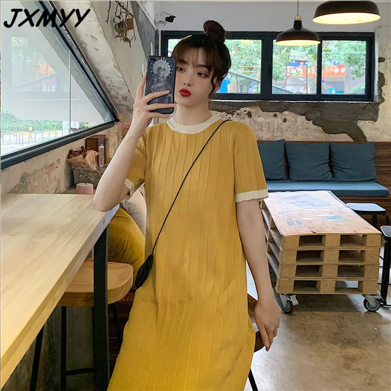 

2021 plus size women's summer fashion casual fat mm contrast color retro Korean loose knit skirt dress JXMYY 4XL