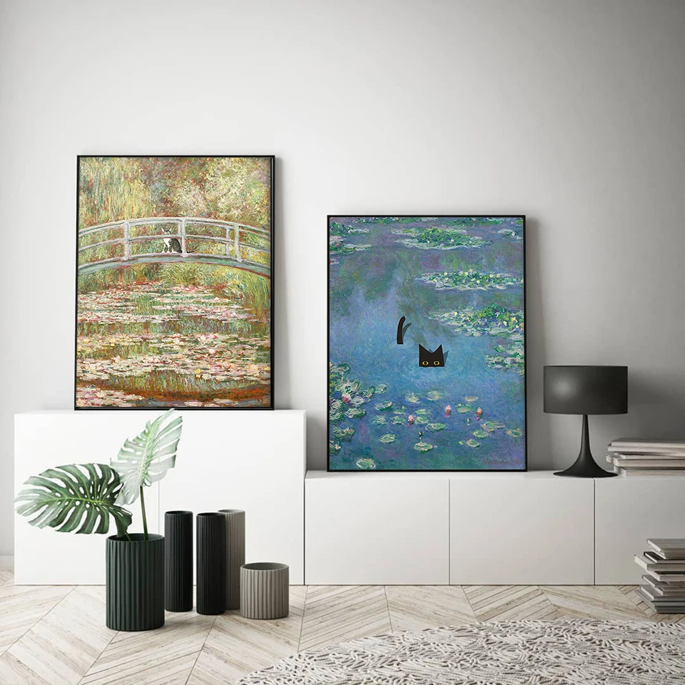 Постер Monet на холсте с изображением кошки и водяной лилии картина натуральным