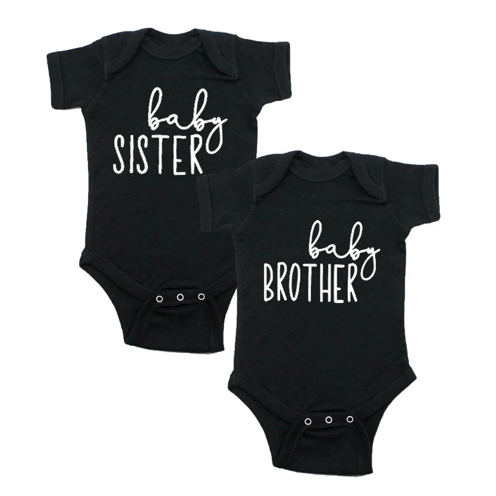 

2021 Funny Print Baby Brother Sister Twins Boy Girl Bodysuit Newborn Baby Toddler Short Sleeve Playsuit Fashion Twin Clothes