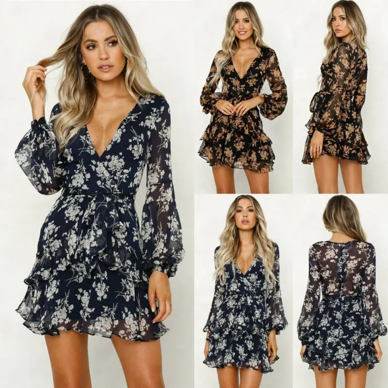 Женское платье с глубоким v образным воротником в богемном стиле цветочным