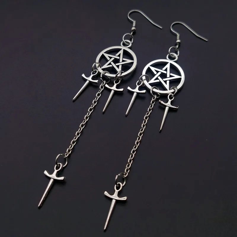

2020 New Pentagram Swords Earrings Silver Plated Huggie Hoops Dangle Witchy Jewelry Pagan Wiccan Tarot Gothic Emo Women Gift